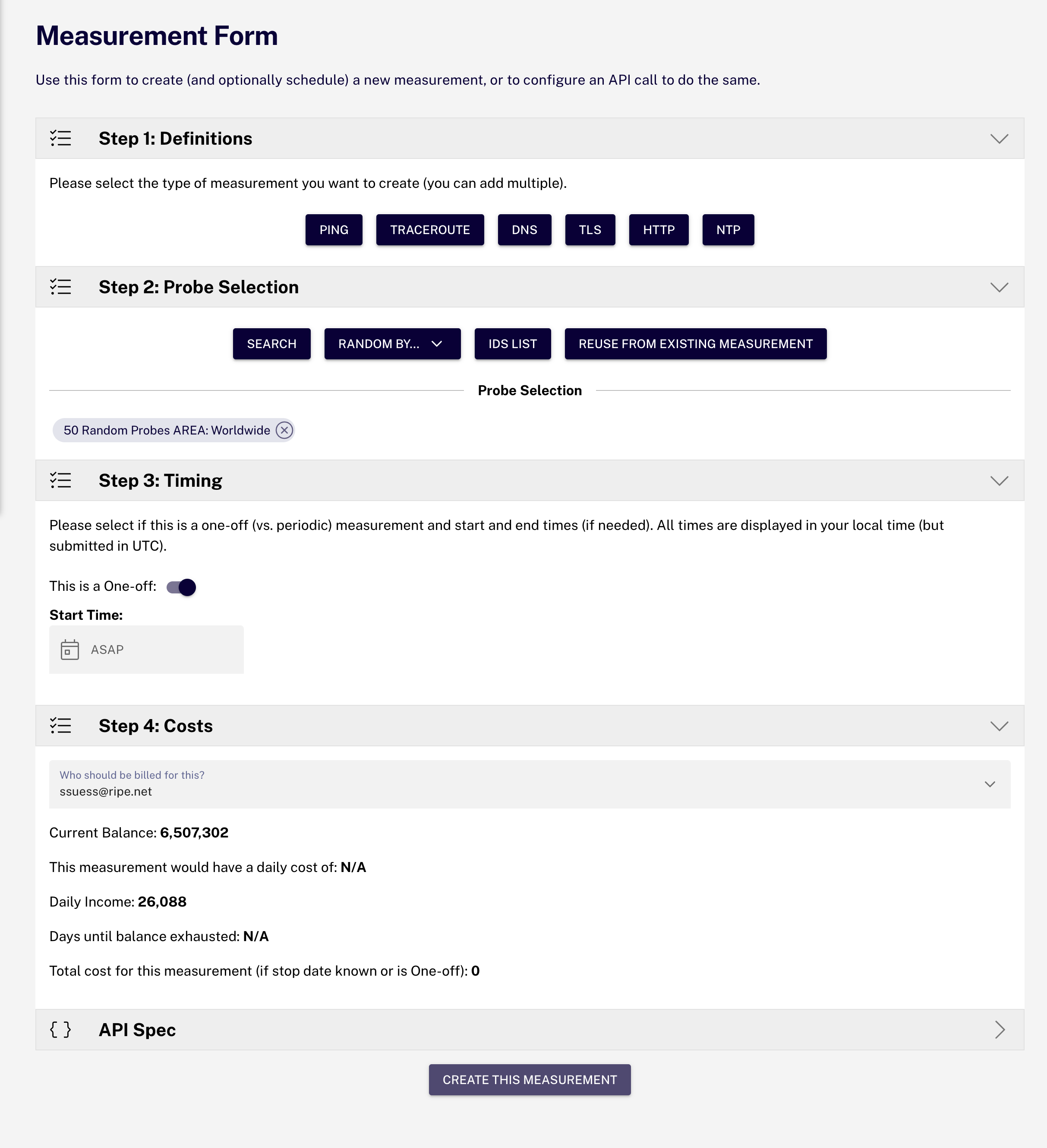 The measurements creation page